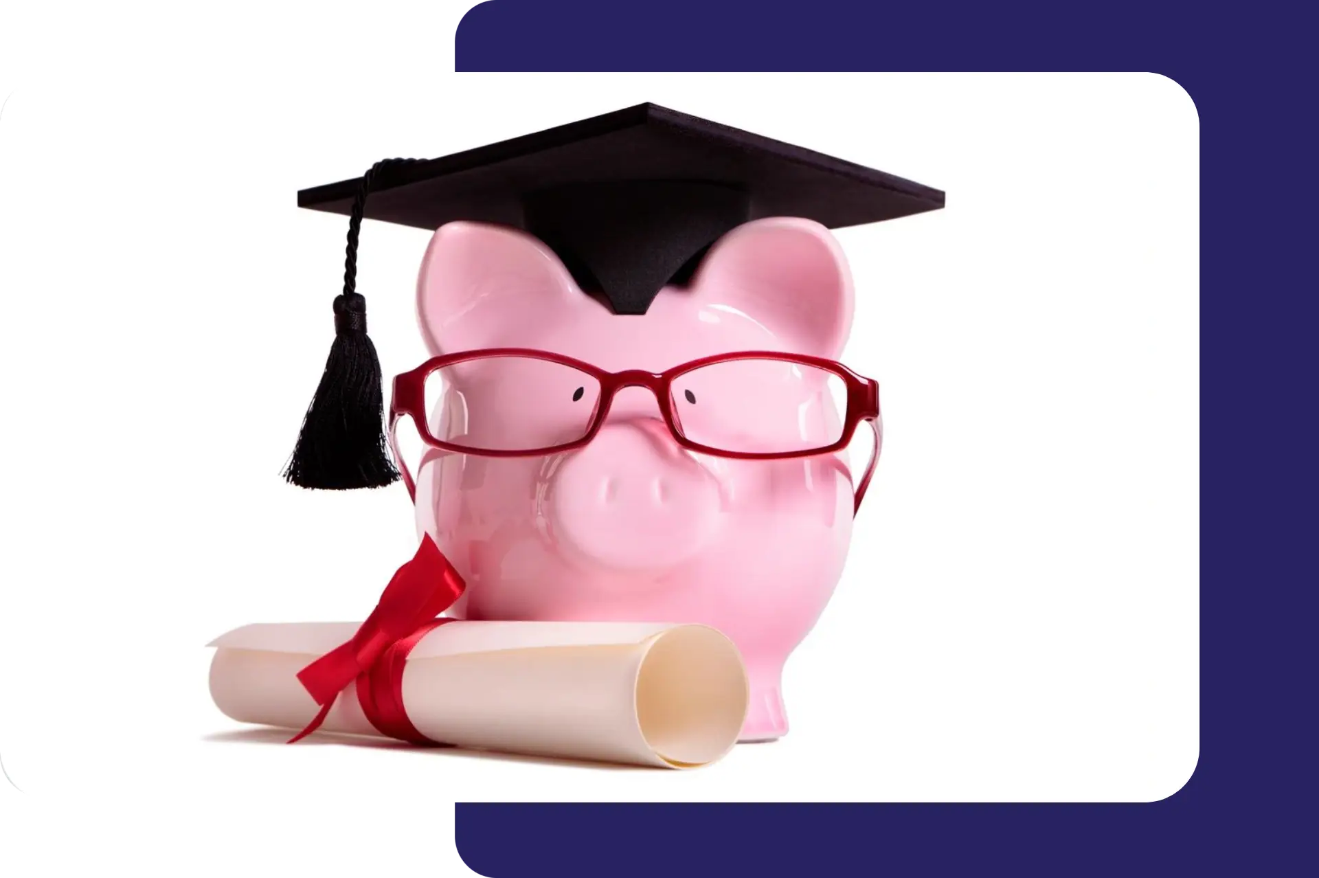 A piggy bank wearing glasses and a graduation cap.